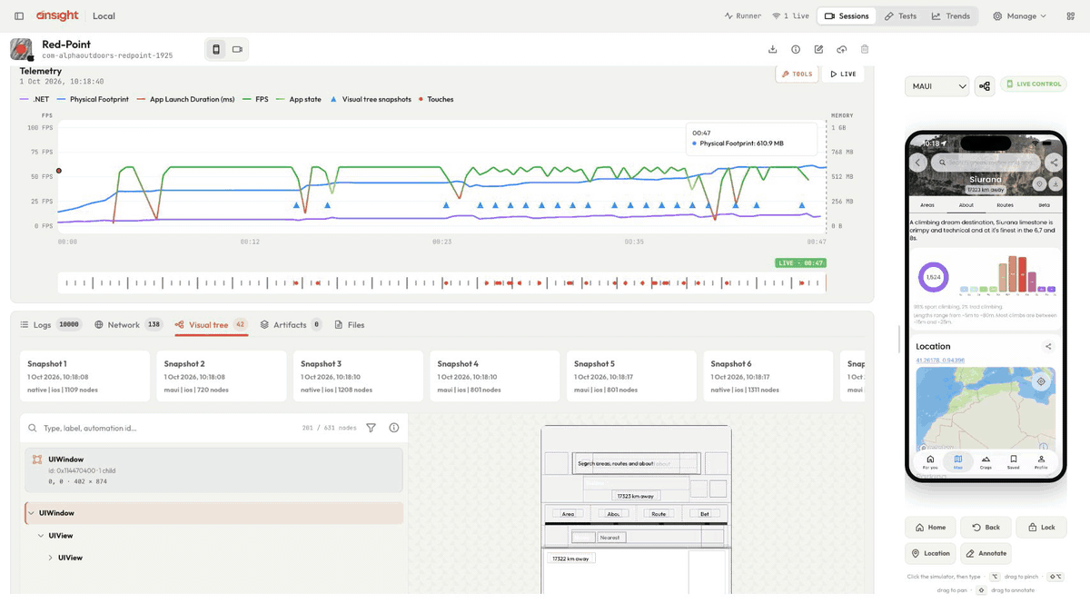 Ansight's local player showing a live mobile app alongside a session timeline, telemetry, touches, and visual-tree snapshots