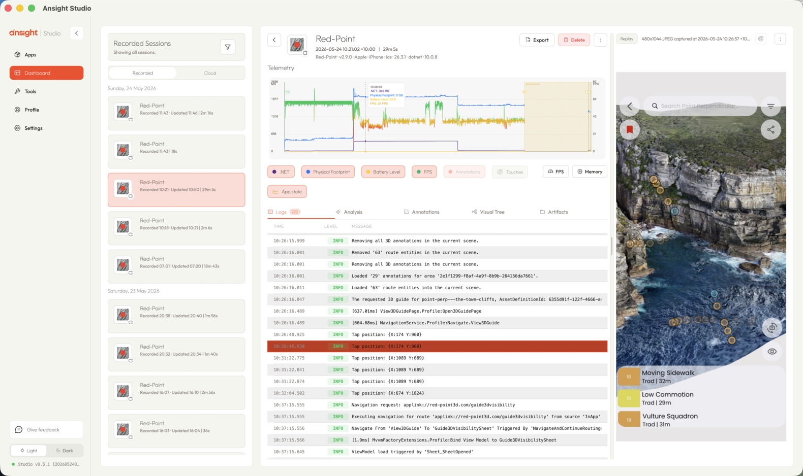 Ansight Studio replay view used to target a screen section annotation