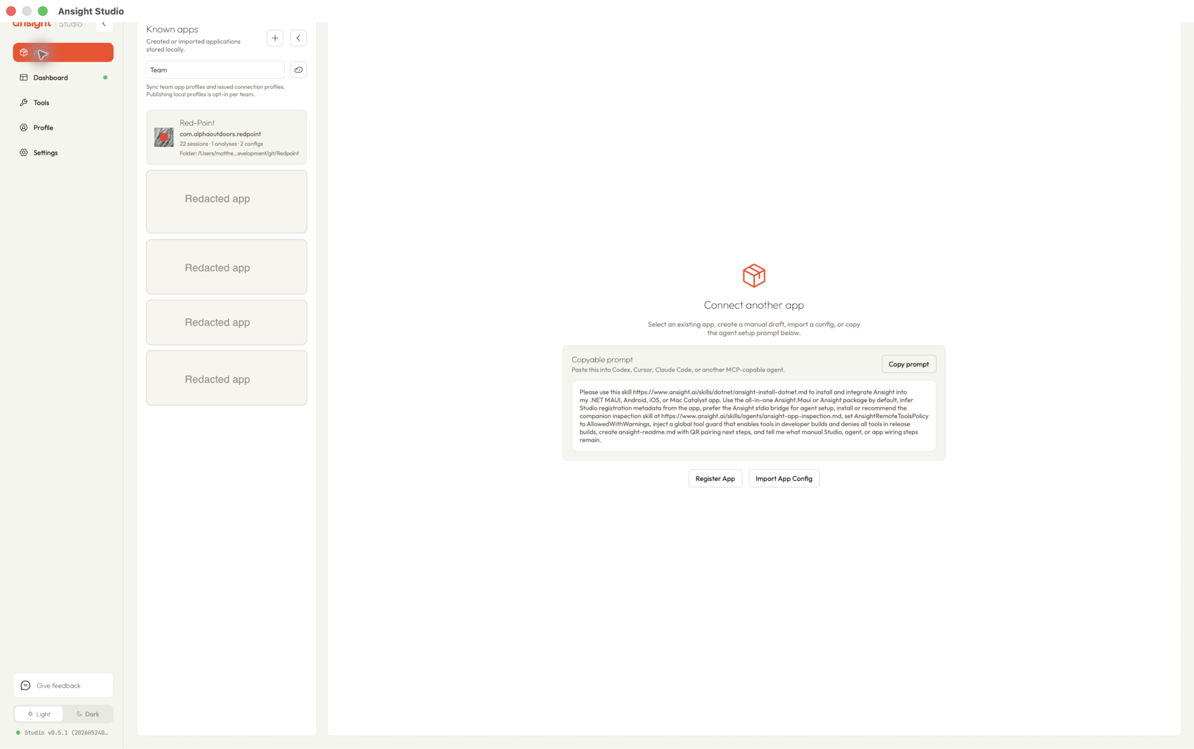 Ansight Studio app setup and pairing view with Red-Point visible and other app entries redacted