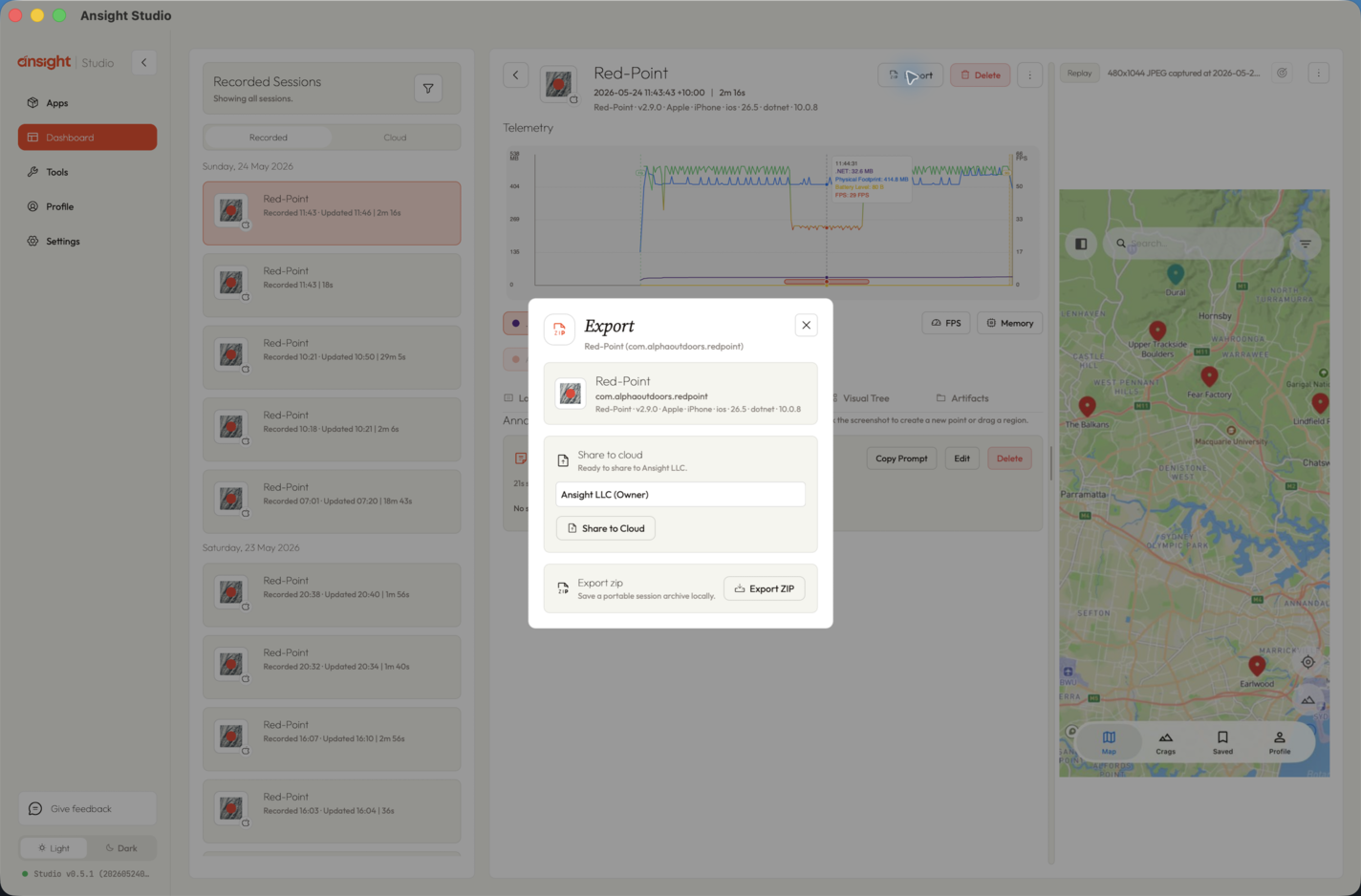 Ansight Studio export dialog for sharing to cloud or exporting a portable session zip